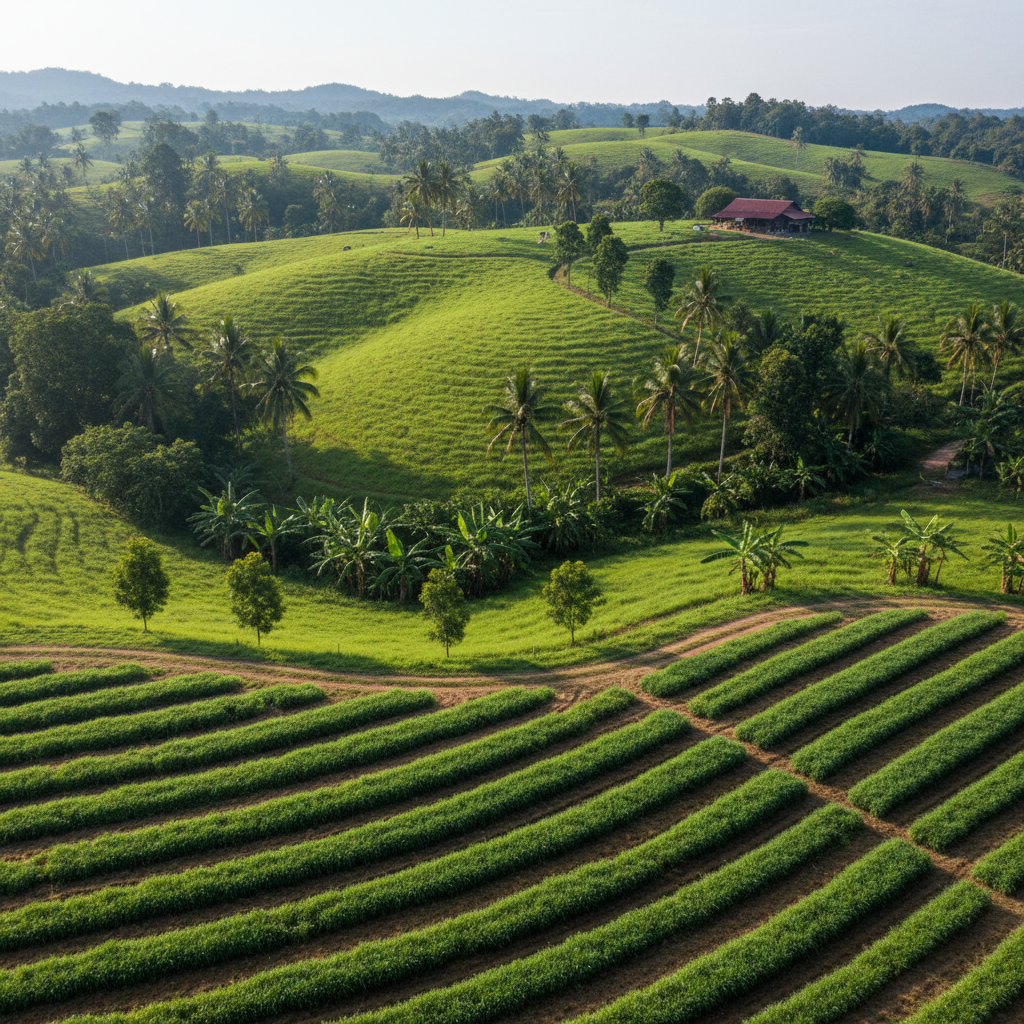 Lush green Malaysian grass farm with rolling hills and animal feed crops for investment